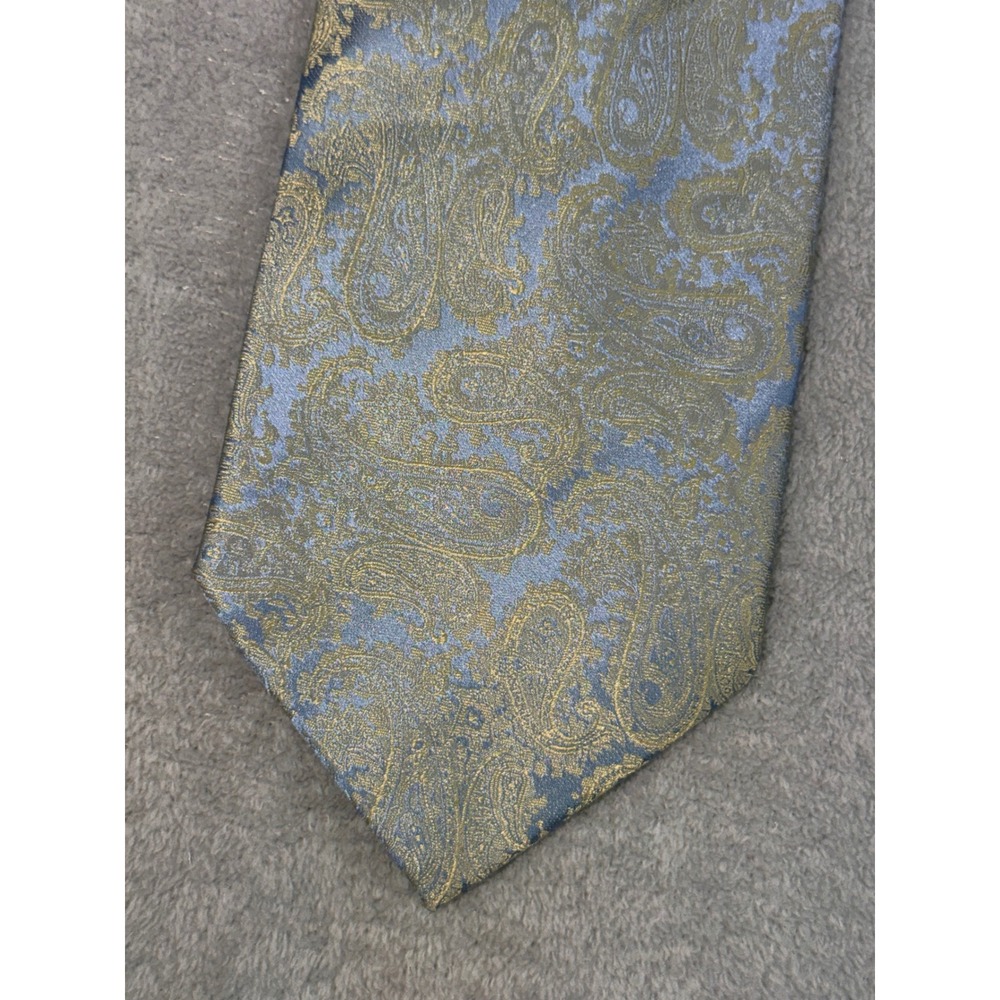 Valerio Garati Mens Blue Gold Paisley Pure Silk Hand Made Necktie Standard Width